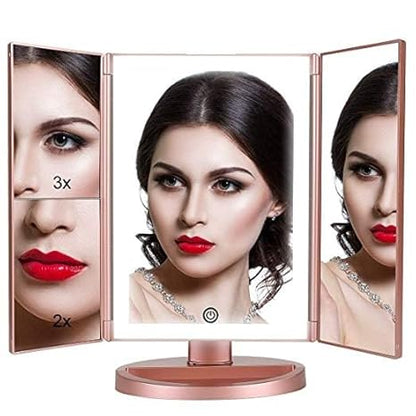 36 LED Nature Daylight Lighted Makeup Mirror,Tri-Fold Lighted Makeup Mirror with 3X/2X Magnification and Touch Screen Dimming Makeup Mirror, 180 Degree free Rotation, Countertop Cosmetic Mirror