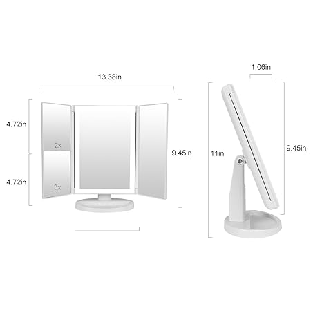 36 LED Nature Daylight Lighted Makeup Mirror,Tri-Fold Lighted Makeup Mirror with 3X/2X Magnification and Touch Screen Dimming Makeup Mirror, 180 Degree free Rotation, Countertop Cosmetic Mirror