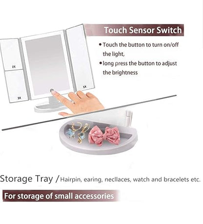 36 LED Nature Daylight Lighted Makeup Mirror,Tri-Fold Lighted Makeup Mirror with 3X/2X Magnification and Touch Screen Dimming Makeup Mirror, 180 Degree free Rotation, Countertop Cosmetic Mirror