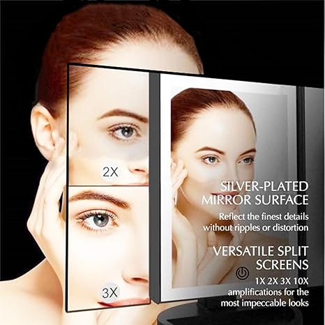 36 LED Nature Daylight Lighted Makeup Mirror,Tri-Fold Lighted Makeup Mirror with 3X/2X Magnification and Touch Screen Dimming Makeup Mirror, 180 Degree free Rotation, Countertop Cosmetic Mirror