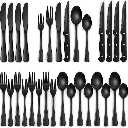 24 piece black silverware set, black dinnerware set for 4, food grade stainless steel flatware set